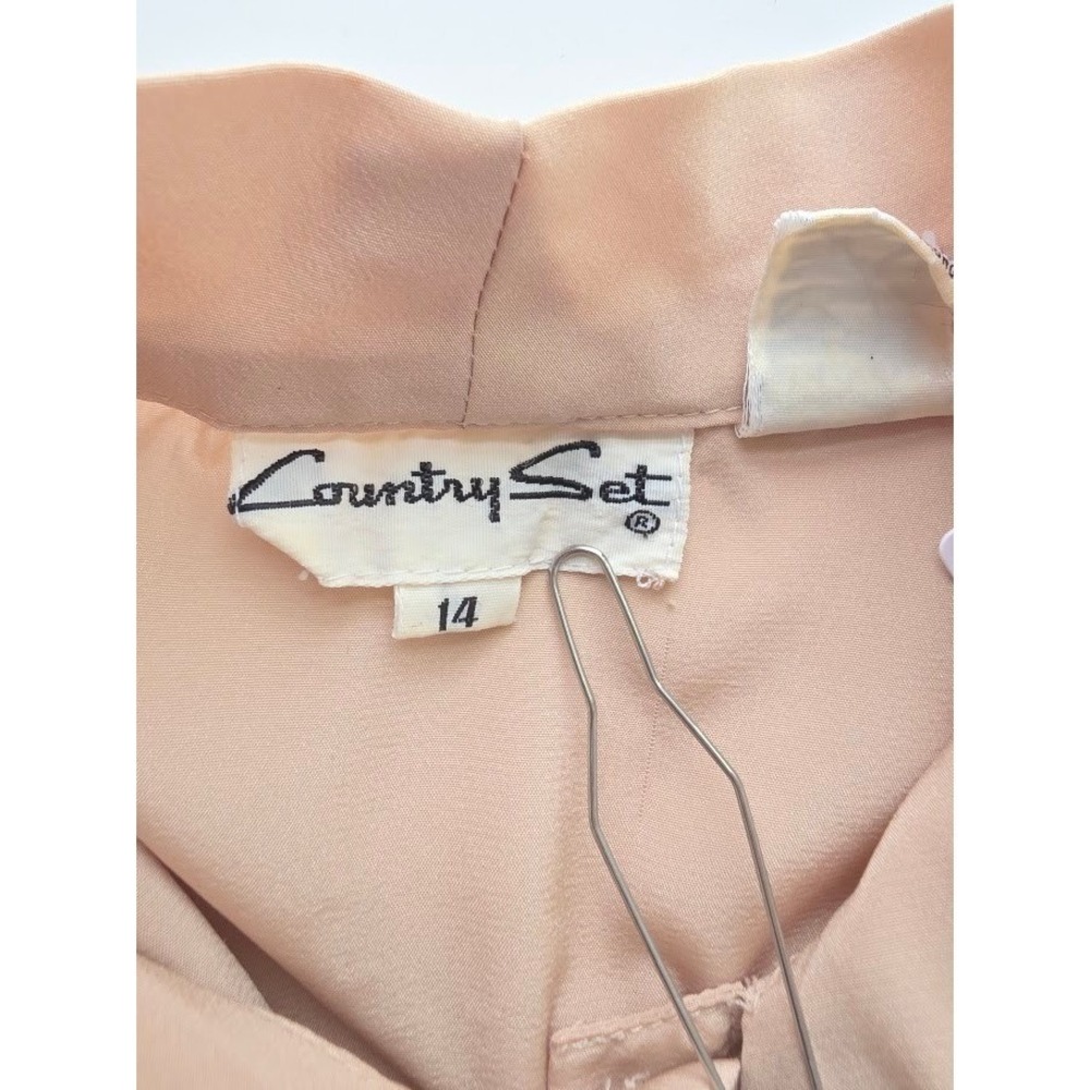 Vintage Tie Neck Blouse Womens 14 Tan Puffed Shoulder Button Down Office Top - Picture 5 of 7